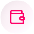 Icône d'un portefeuille rose sur un fond circulaire, symbolisant la gestion financière et les transactions.
