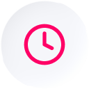 Icône d'horloge stylisée en rose sur fond blanc, représentant le concept de gestion du temps et de planification.