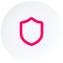 Icône de protection avec un bouclier stylisé sur fond blanc, entouré d'un cercle rose, symbolisant la sécurité et la confidentialité en ligne.