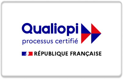 Logo de Qualiopi, indiquant un processus certifié en France, avec mention de la République Française.