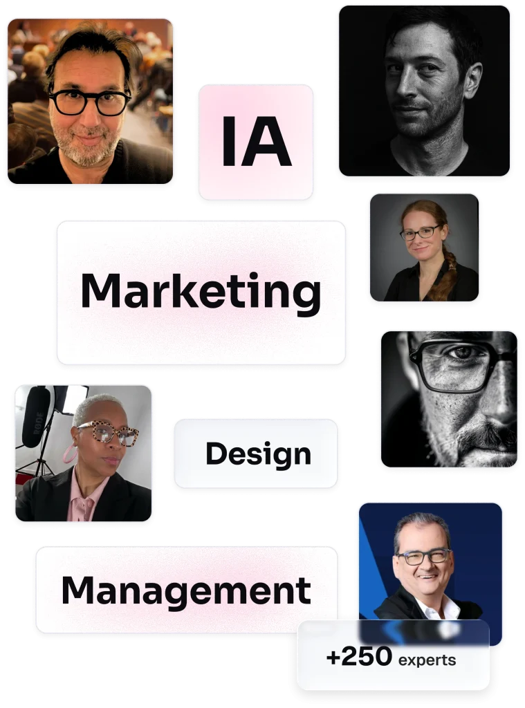 Mosaïque de portraits d'experts entourant les domaines d'expertise IA, Marketing, Design et Management, avec mention « +250 experts »